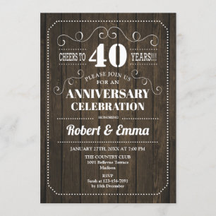 Rustikales Holz 40. Hochzeitstag-Party Einladung