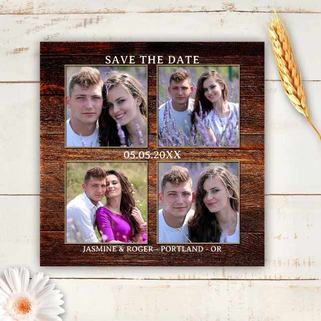 Rustikales Holz 4 Benutzerdefinierte Fotos speiche Magnet (Save the Date magnet featuring your own 4 photos framed by a rustic wood background.)
