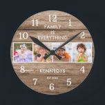Rustikales Holz 4 Foto Collage Familie ist alles Runde Wanduhr<br><div class="desc">Die rustikale Wanduhr aus Holz personalisiert mit 4 Fotos. Die personalisierte Familienuhr macht sie zu einem perfekten Geschenk für jede Anlässe. Personalisieren mit Familienname und feststehendem Datum. Das Zitat "Family is Everything" fügt der Wanduhr des Fotos eine einzigartige Touch hinzu.</div>