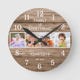 Rustikales Holz 4 Foto Collage Familie ist alles Runde Wanduhr