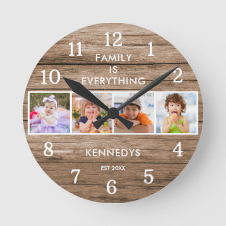 Rustikales Holz 4 Foto Collage Familie ist alles Runde Wanduhr