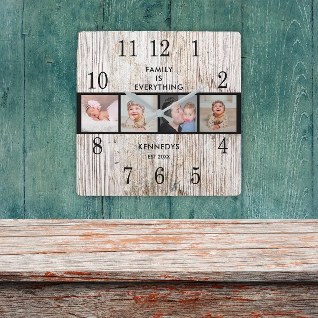 Rustikales Holz 4 Foto Collage Familienangebot Quadratische Wanduhr (Von Creator hochgeladen)