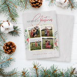 Rustikales Holz 4 Foto Collage Frohe Weihnachten Folien Feiertagskarte<br><div class="desc">Erhöhen Sie Ihre Urlaubsstimmung mit unserer Foil "Merriest Christmas" Karte. Der Hintergrund aus Birkenholz Set die Bühne für eine 4-Foto-Collage,  die in einem luxuriösen Rahmen aus weißer und goldener Folie verkleidet ist. Ergänzt durch geschmackvolle Aquarellpoinsettia und heilige Beerenakzente.</div>