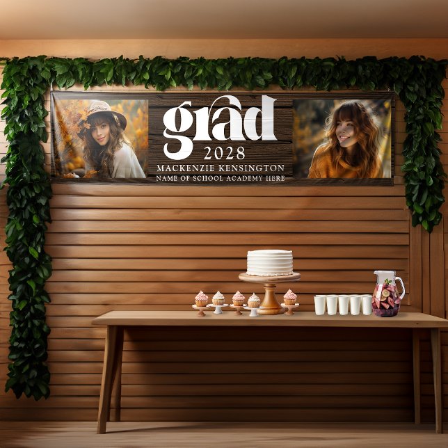 Rustikales Holz Abschluss 2 Foto lang Banner (Rustic Wood Graduation 2 Photo Long Banner)