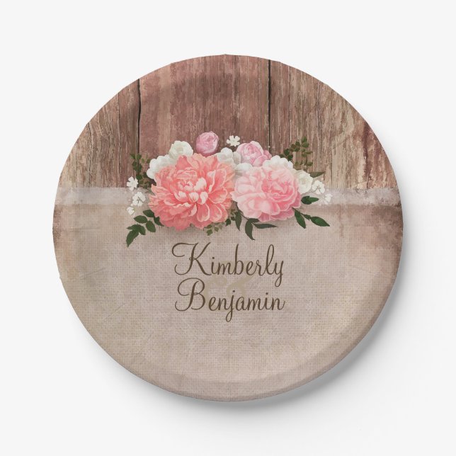 Rustikales Holz Altes Burlap Pink Blume Stall Hoch Pappteller (Vorderseite)