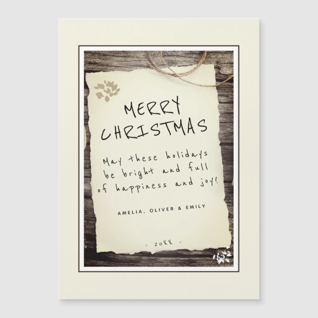 Rustikales Holz Altes Papier Skript Frohe Weihnach Magnetkarte (Vorderseite)