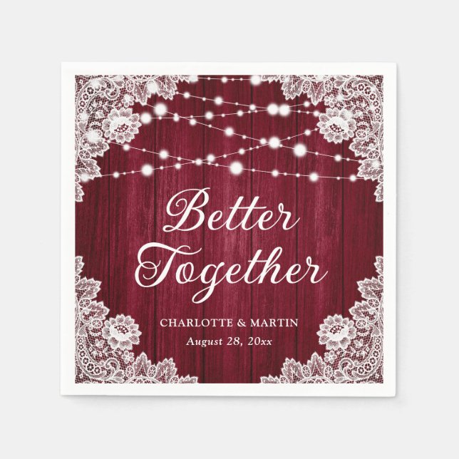 Rustikales Holz an der Spitze Lichter Burgundy Wed Serviette (Vorderseite)