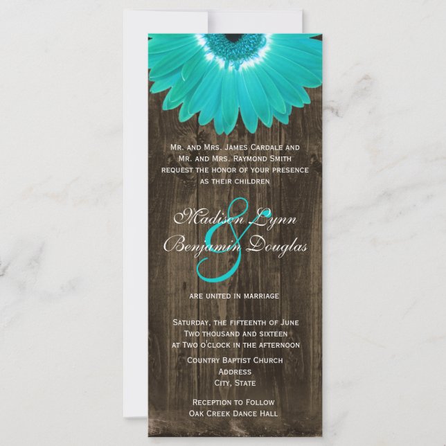 Rustikales Holz Aquamarin Gerber Daisy Hochzeitsei Einladung (Vorderseite)