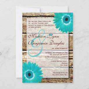 Rustikales Holz Aquamarin Gerber Daisy Hochzeitsei Einladung