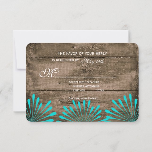 Rustikales Holz Aquamarine Blume Hochzeit RSVP-Kar RSVP Karte (Vorderseite)
