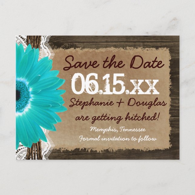 Rustikales Holz Aquamarine Daisy Save the Date Pos Ankündigungspostkarte (Vorderseite)