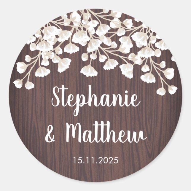 Rustikales Holz Babys Breath Gypsophila Wedding Runder Aufkleber (Vorderseite)