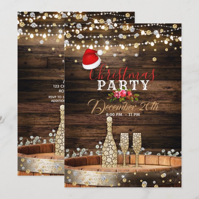 Rustikales Holz Barrel Lights Champagne Weihnachte Einladung (Vorne/Hinten)