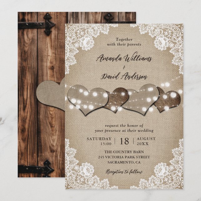 Rustikales Holz Beige Burlap White Floral Lace Hoc Einladung (Vorne/Hinten)