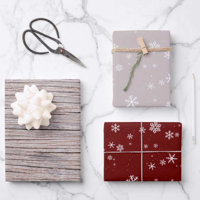 Rustikales Holz Beige Red Snowflake Muster Weihnac Geschenkpapier Set (Vorderseite)