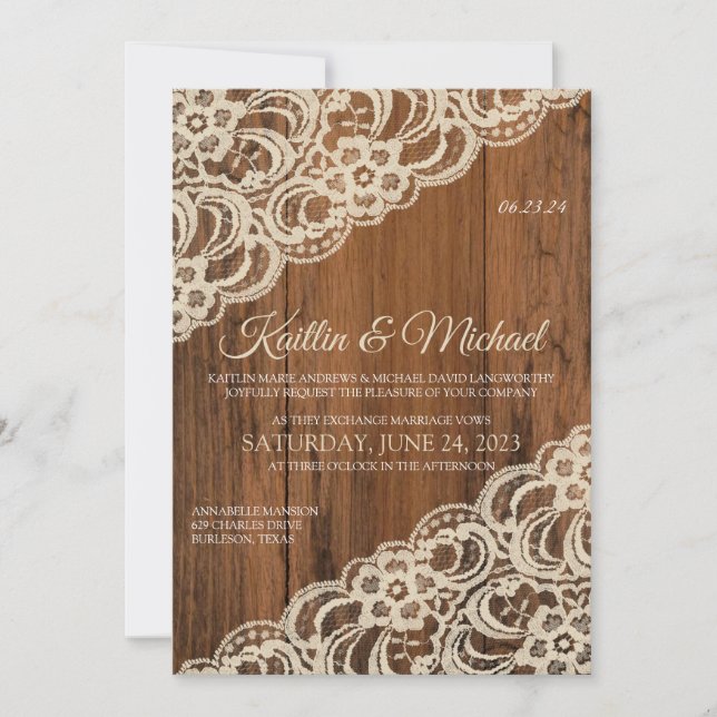 Rustikales Holz & Beige / Tanlace Hochzeit Einladu Einladung (Vorderseite)