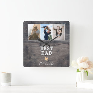 Rustikales Holz Bester Vater 3 Foto Collage Keepak Quadratische Wanduhr