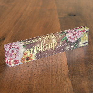 Rustikales Holz Blumengesteck Lichter Makeup Salon Namensplakette