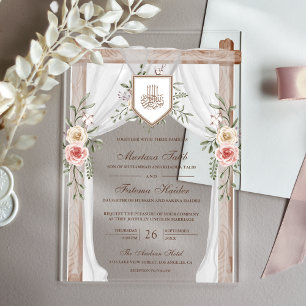 Rustikales Holz Blumenkanopie Islamische Hochzeit Acryleinladungen