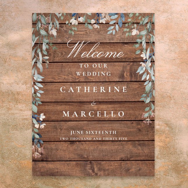 Rustikales Holz-Blumenkaskade Begrüßungszeichen Poster (Rustic Wood Floral Cascade Wedding Welcome Sign)