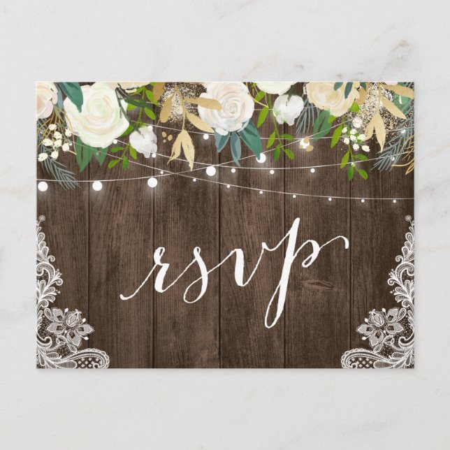 Rustikales Holz Blumenstrauß Lichter Hochzeit RSVP Einladungspostkarte (Vorderseite)