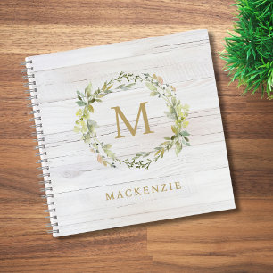 Rustikales Holz Blumiges Wasserfarben-Monogramm Notizbuch