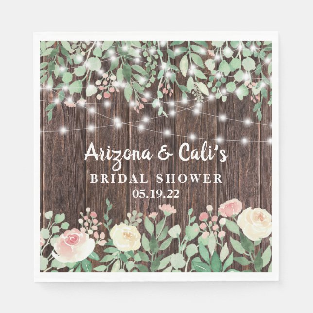 Rustikales Holz Blush Blues Lights Brautparty Serviette (Vorderseite)