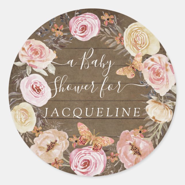 Rustikales Holz Blush Blumenkraut mit Schmetterlin Runder Aufkleber (Vorderseite)