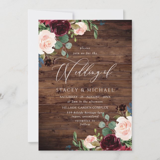 Rustikales Holz Blush Burgundy Floral Elegante Hoc Einladung (Vorderseite)