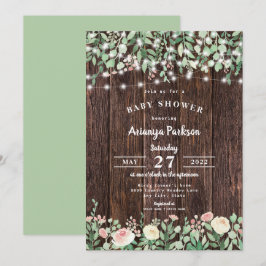 Rustikales Holz Blush Floral Lights Babydusche Einladung