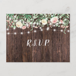Rustikales Holz Blush Floral Lights Hochzeit rsvp Einladungspostkarte