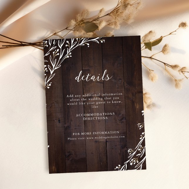 Rustikales Holz Boho Blumenland Hochzeiten Details Begleitkarte (Rustic Wood Boho Floral Country Wedding Details Enclosure Card)