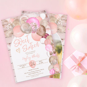 Rustikales Holz Boho Glitzer Ballons Rosa Sweet 16 Einladung