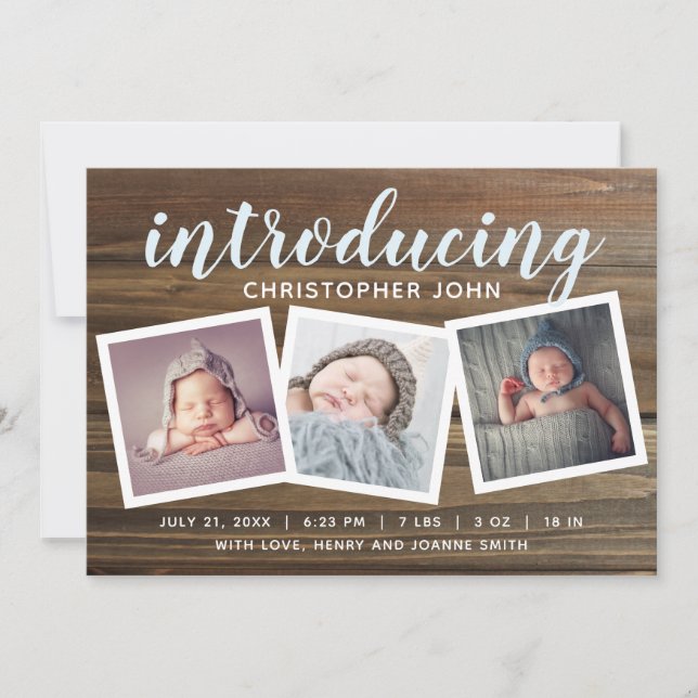 Rustikales Holz Boys Birth Announcement Snapshot F Ankündigung (Vorderseite)