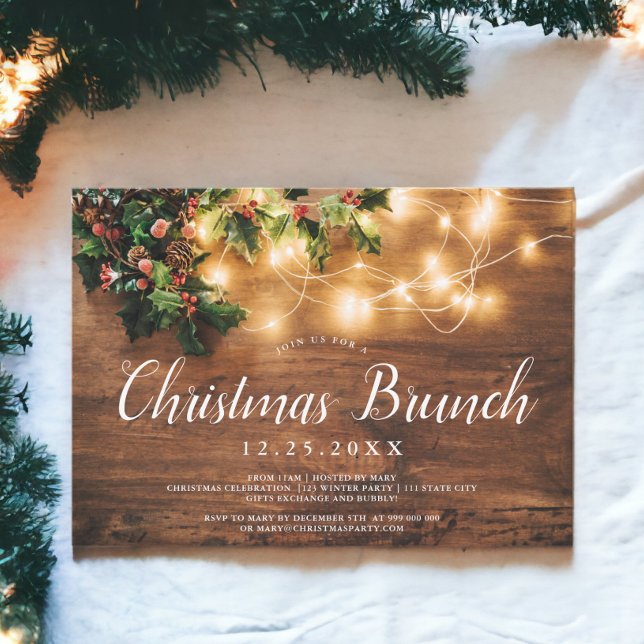 Rustikales Holz Braun Licht Weihnachtsbrunch Einladung (Rustic wood brown country lights Christmas brunch Invitation)