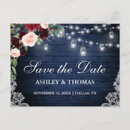 Rustikales Holz Burgund Blue Floral Save the Date Ankündigungspostkarte
