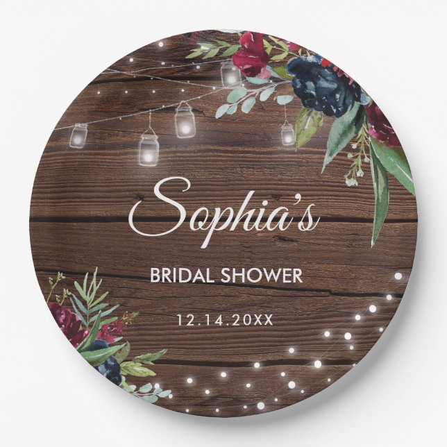 Rustikales Holz Burgund Blumenleuchten Bridal Pappteller (Vorderseite)