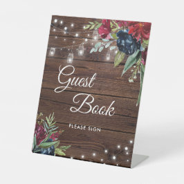 Rustikales Holz Burgund Blumenleuchten Gästebuchsi Sockelschild