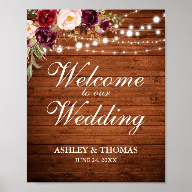 Rustikales Holz Burgund Blumenleuchten Hochzeit Be Poster (Vorne)