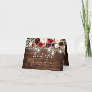 Rustikales Holz Burgund Blumenleuchten Hochzeit Dankeskarte