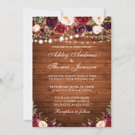 Rustikales Holz Burgund Blumenleuchten Hochzeit Einladung