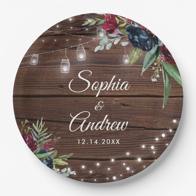 Rustikales Holz Burgund Blumenleuchten Hochzeit Pappteller (Vorderseite)