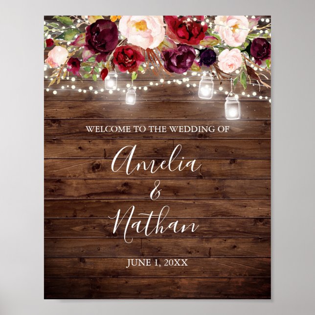 Rustikales Holz Burgund Blumenleuchten Hochzeit Poster (Vorne)