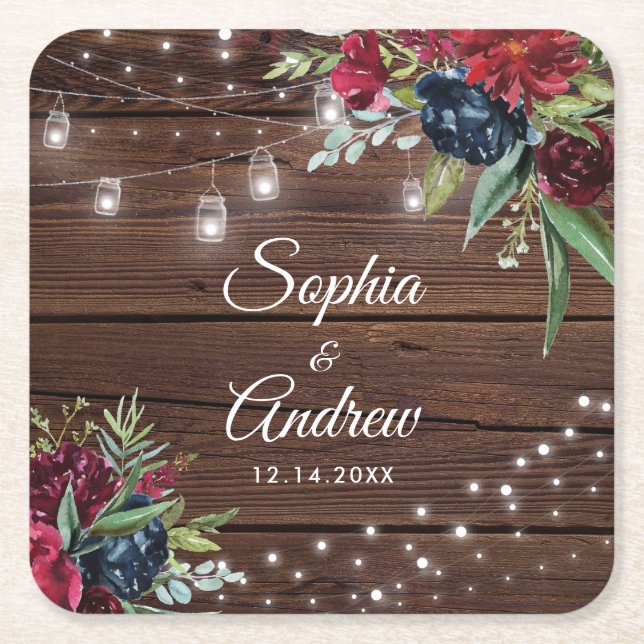 Rustikales Holz Burgund Blumenleuchten Hochzeit Rechteckiger Pappuntersetzer (Vorderseite)