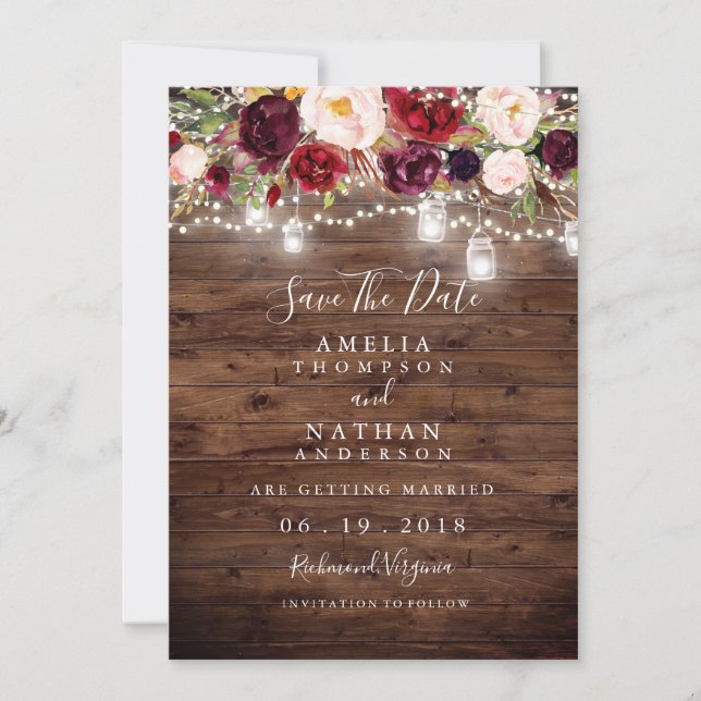 Rustikales Holz Burgund Blumenleuchten Save the Da Date (Vorderseite)