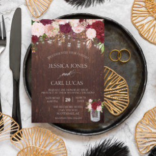 Rustikales Holz Burgund Blush Pink Rose Mason Jar Einladung