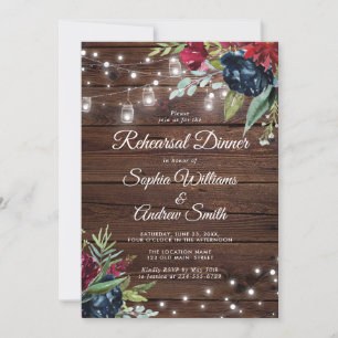 Rustikales Holz Burgund Floral Lights Diner Einladung