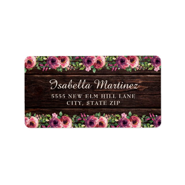 Rustikales Holz Burgund Floral Quinceañera Adressaufkleber (Vorne)