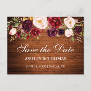 Rustikales Holz Burgund Floral Save the Date Ankündigungspostkarte