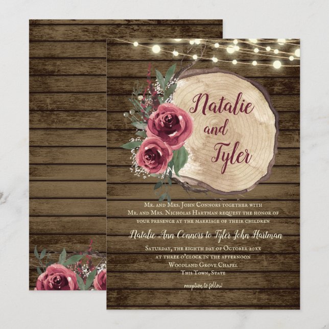 Rustikales Holz Burgund Floral|Tree Slice Lights W Einladung (Vorne/Hinten)